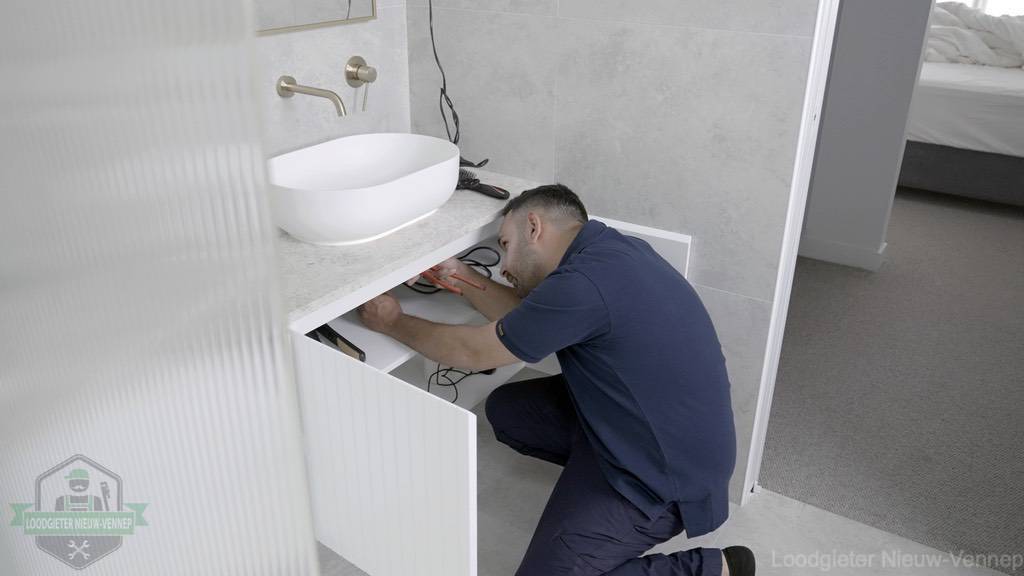 Loodgieter Aan Het Werk In Badkamer Loodgieter Aan Het Werk In Badkamer