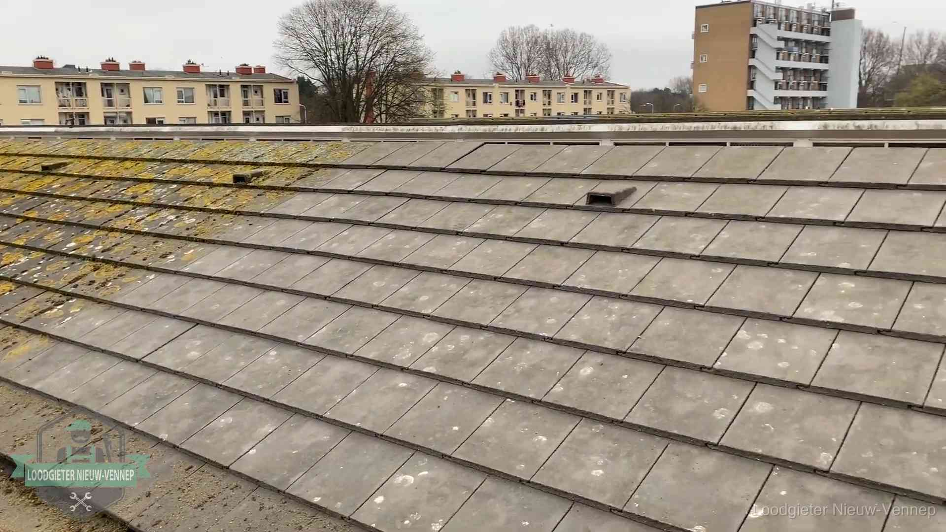 Schuin dak met betonpannen vol mos in Nieuw-Vennep, een risico op lekkage bij de pannen