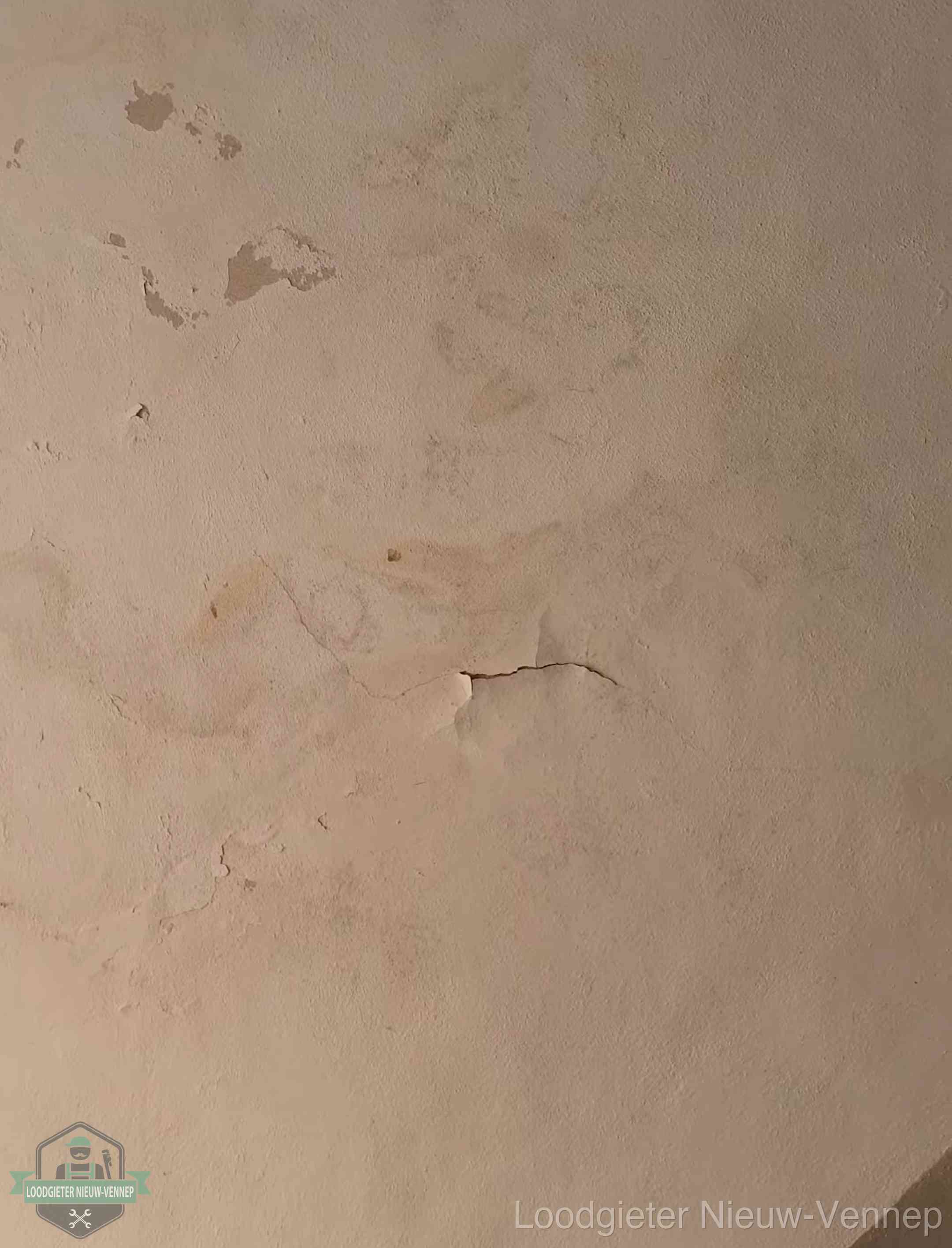 Vochtkringen en afbladderende verf op een plafond in Nieuw-Vennep, schade voor het meetrapport en de verzekering